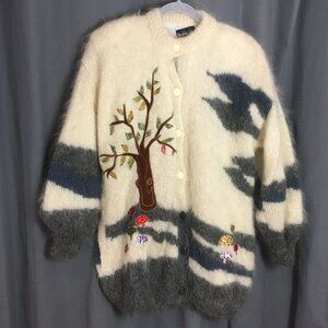 Vintage M L Mohair Wool LINED Handmade Shaggy Cardigan Sweater Mushrooms NORWAY